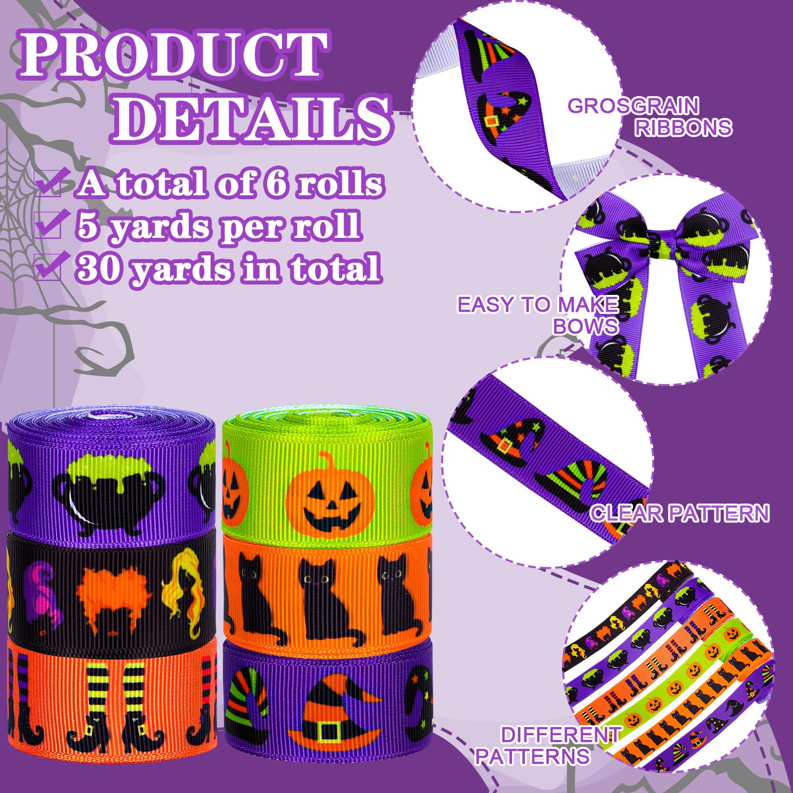 AnyDesign 6 Rolls Halloween Grosgrain Ribbon Hocus Pocus Gift Wrapping Ribbon Witch Legs Hats Pumpkins Magic Pot Black Cat Pattern Ribbon for Crafts Gift Wrapping Halloween Party Decor, 7/8 Inch