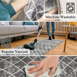 Trellis Washable Round Area Rug - Grey 4ft Round Rug Non-Slip Distressed Design Small Bedroom Circle Rug Non-Shedding Sofa Carpet for Bedroom Living Room Kitchen