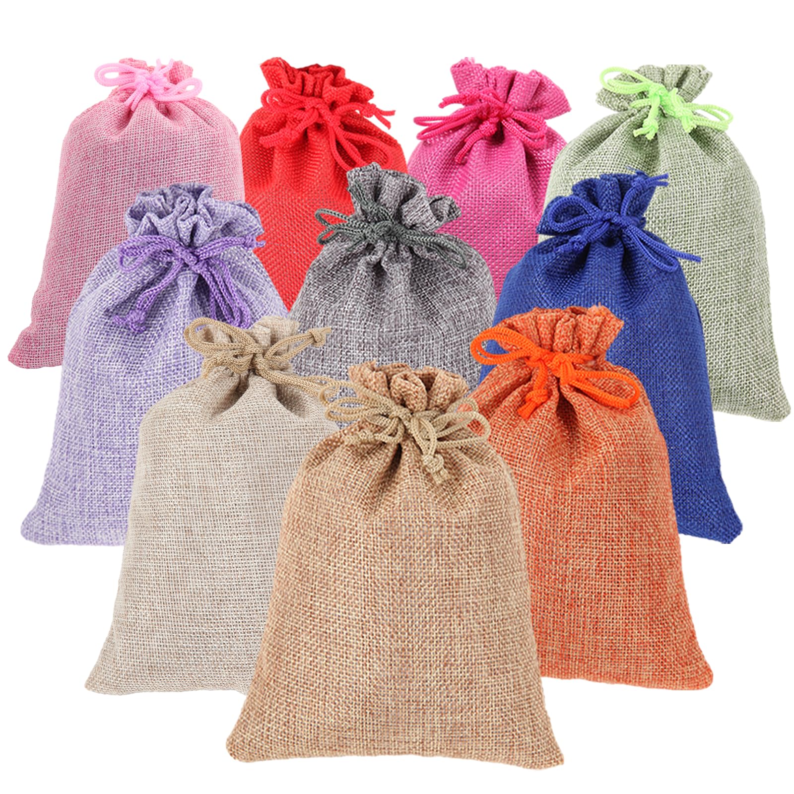 AseiTaku 10 Pcs 5x7 inch Colorful Burlap Gift Bags with Drawstring, Multi-Purpose for Gifts Wrapping, Wedding Party Favor, Jewelry Pouches, Holidays DIY Craft Bags