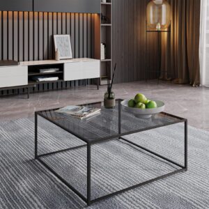 Glass Coffee Tables for Living Room Square Modern Center Table for Small Space,Tempered Glass-top with Sturdy Metal Frame Sofa Side End Table, Easy Assembly,26.4 x 26.4 x 15.7 Inches, Gray Black