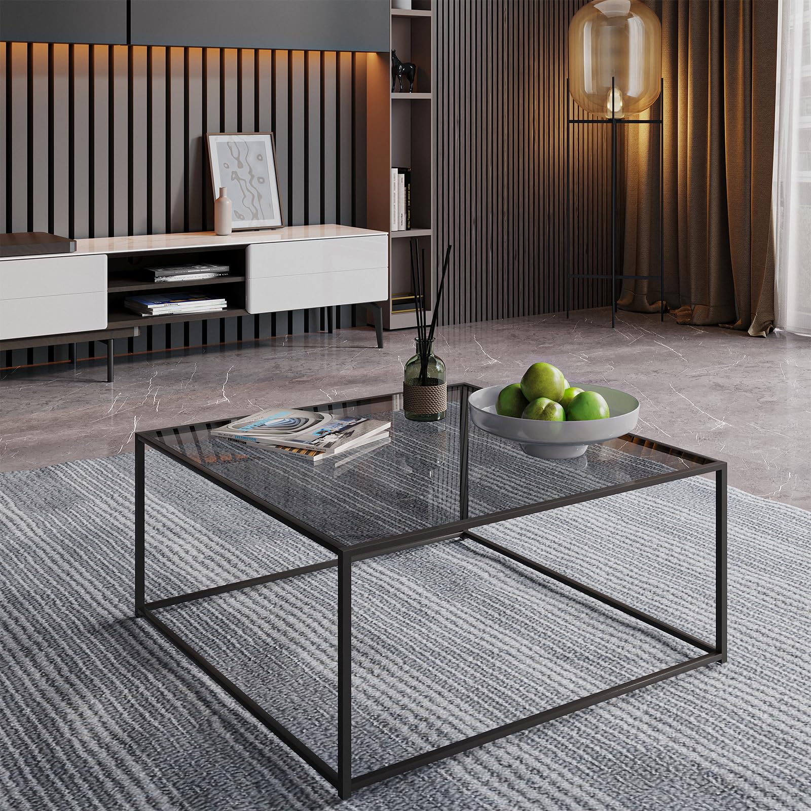 Glass Coffee Tables for Living Room Square Modern Center Table for Small Space,Tempered Glass-top with Sturdy Metal Frame Sofa Side End Table, Easy Assembly,26.4 x 26.4 x 15.7 Inches, Gray Black