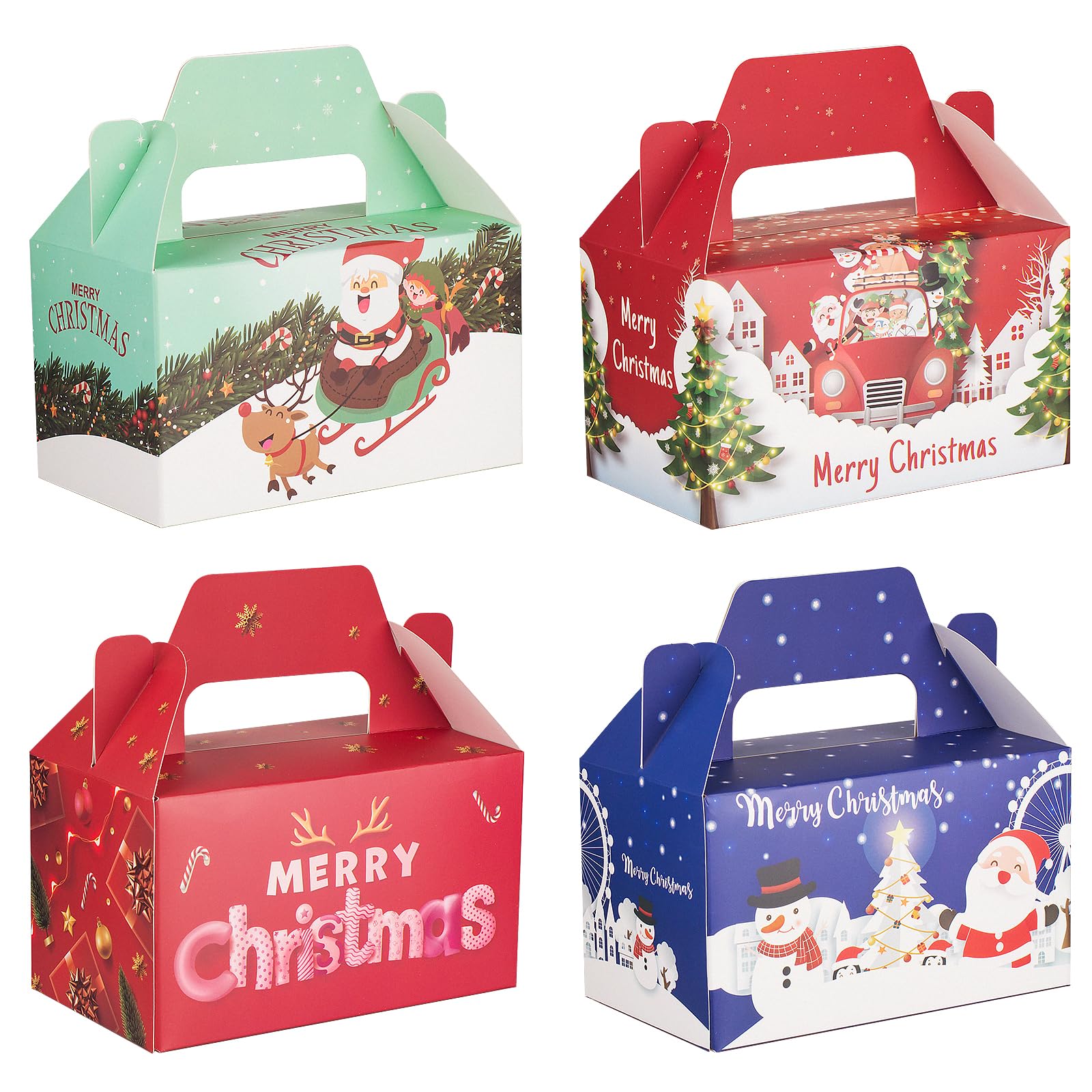 24 PCS 3D Christmas Cookie Gift Boxes with Handles for Holiday Xmas, School Classroom Party Favor Supplies, Candy Treat Cardboard Cookie Boxes, 4 Designs, Christmas Gift Boxes