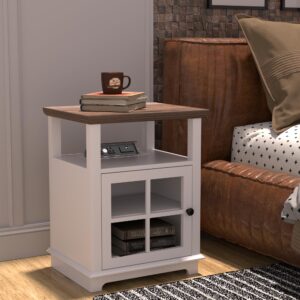 FAGAGA End Table with Charging Station, Side Table with Storage, White Nightstand with Adjustable Shelf, Wireless Charging End Table for Living Room, Bedroom