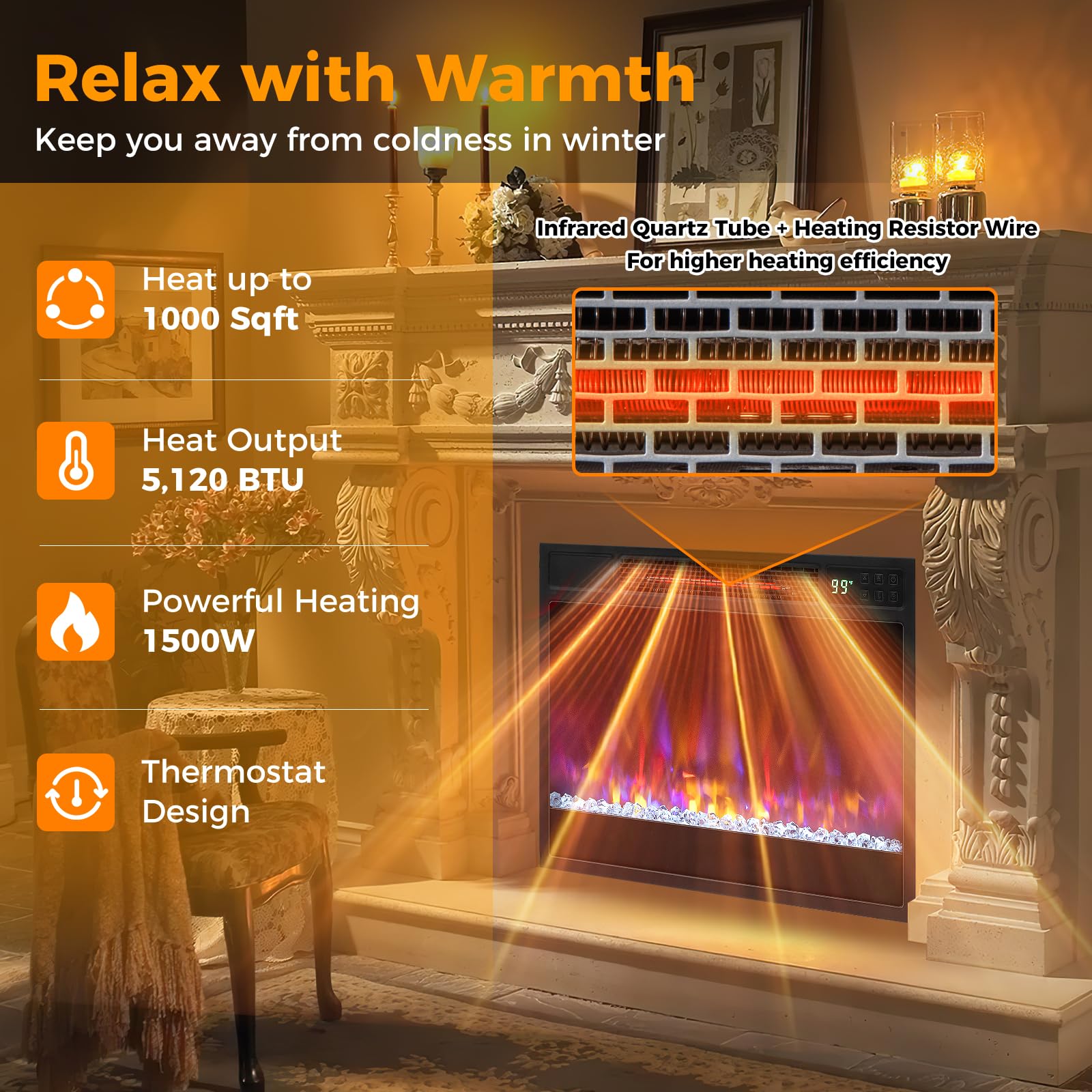 COSTWAY Electric Fireplace Inserts 23-inch Wide, 1500W Recessed Fireplace Insert with Remote Control, 6 Flame Colors, 5 Brightness, 8H Timer, Overheat Protection, Infrared Fireplace Heater for Indoor