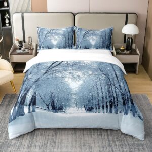 erosebridal 100% natural cotton winter duvet cover queen, blue snow snowstorm bedding set, park winter landscape scene comforter cover, snowy woodland trees bedroom decor soft breathable quilt cover