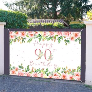 Crenics 90th Birthday Decorations for Women, Rose Gold Floral Happy 90th Birthday Banner Backdrop for Female 90 Birthday Party Supplies, 5.9 x 3.6 Ft