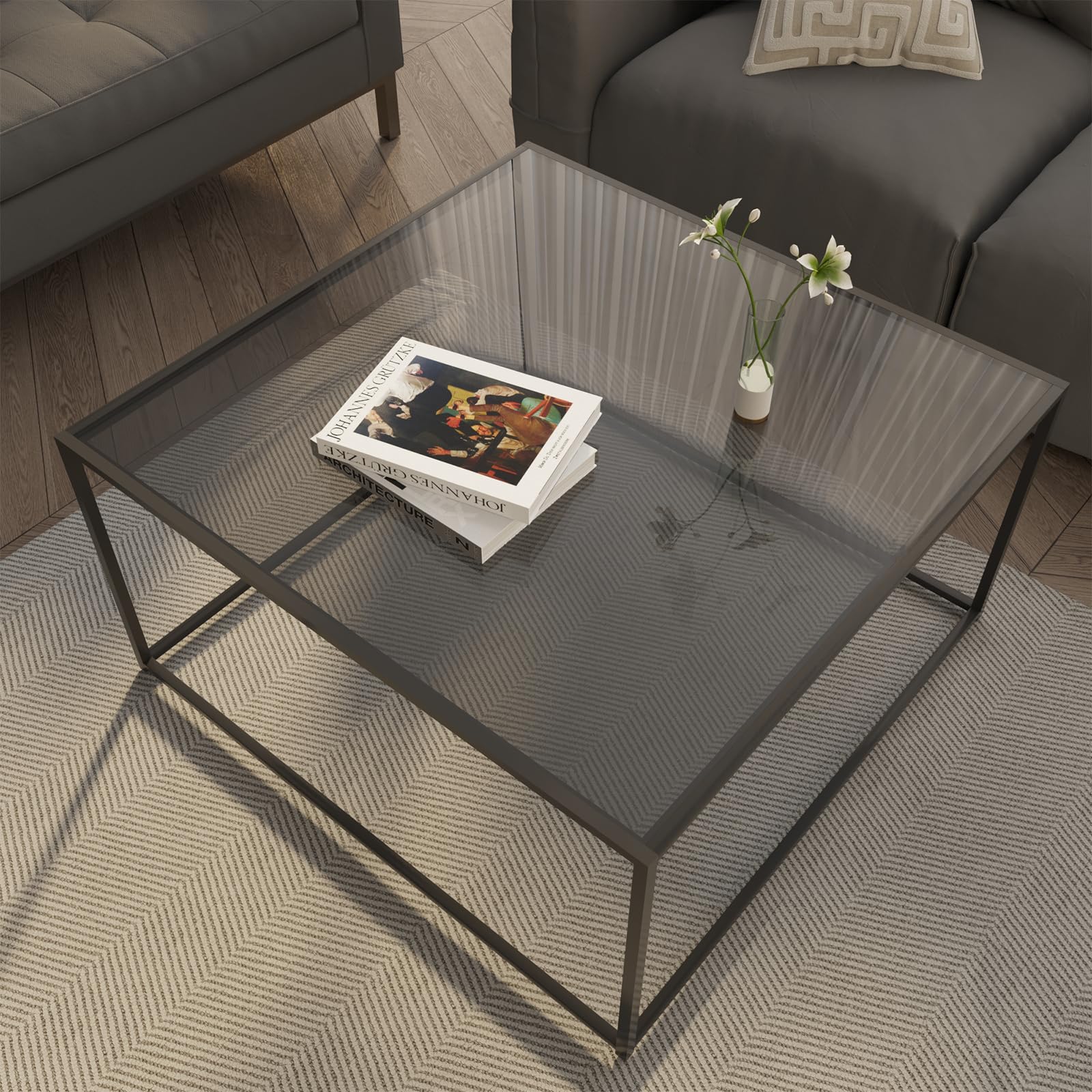 Glass Coffee Tables for Living Room Square Modern Center Table for Small Space,Tempered Glass-top with Sturdy Metal Frame Sofa Side End Table, Easy Assembly,26.4 x 26.4 x 15.7 Inches, Gray Black