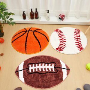 tinideya 3 pcs football sports rug round basketball bathroom rug non slip baseball bathroom mat decorative football area rug indoor carpet for bedroom living room floor chair rooms decor