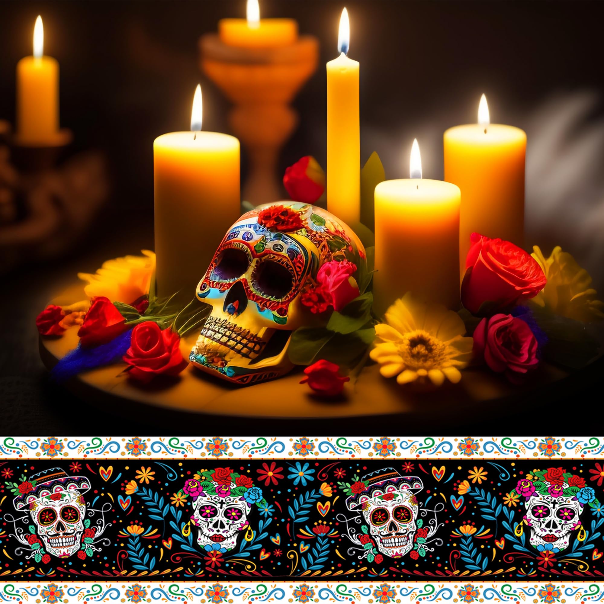 1 Pieces Day of the Dead Party Plastic Tablecloth 54 x 87 Inch Colorful Skull Long Rectangular Table Cover for Buffet, Fiesta Flowers Party Holiday Dinner, Picnic Tablecloth for Kitchen Event Use