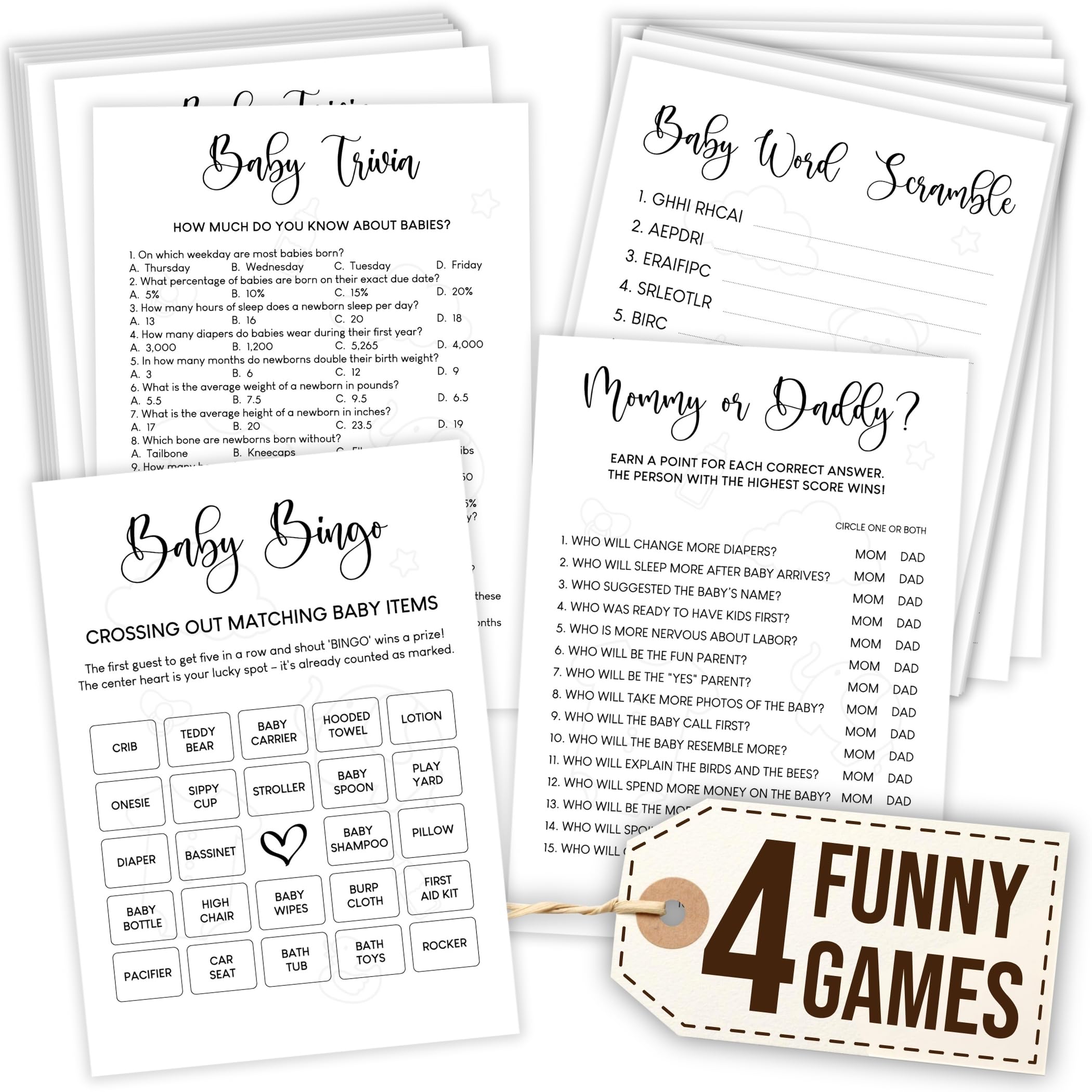 WOODAMORE Funny Baby Shower Games Gender Neutral - Baby Shower Bingo Game for Girl, Baby Bingo for Baby Shower Boy, Baby Trivia Baby Word Scramble Card, Baby Games for Baby Shower Decorations