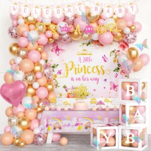 fiesec princess baby shower decorations, a little princess is on her way baby shower backdrop banner balloon tablecloth cake cupcake topper box cutout crown for girls baby shower gender reveal