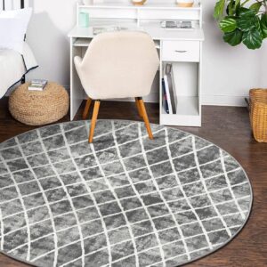 Trellis Washable Round Area Rug - Grey 4ft Round Rug Non-Slip Distressed Design Small Bedroom Circle Rug Non-Shedding Sofa Carpet for Bedroom Living Room Kitchen