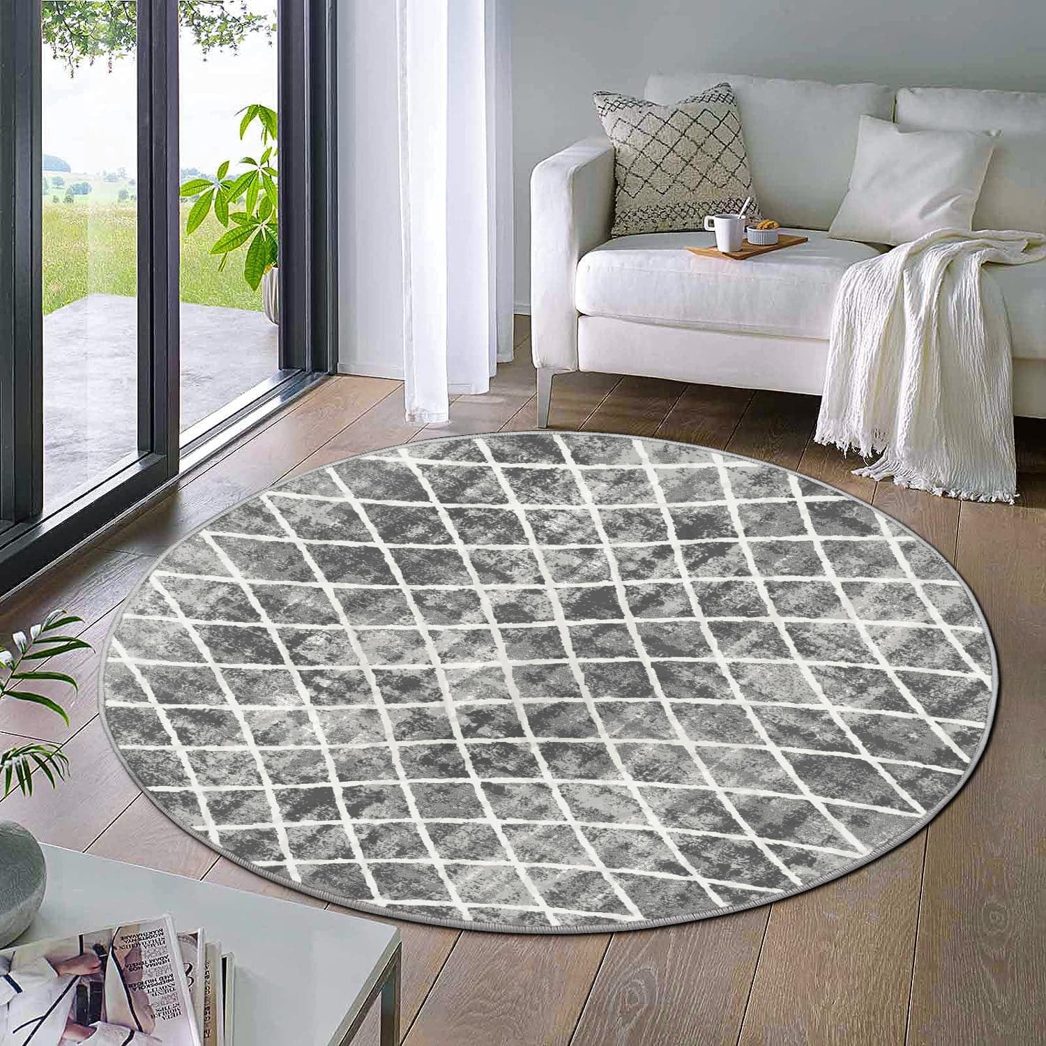 Trellis Washable Round Area Rug - Grey 4ft Round Rug Non-Slip Distressed Design Small Bedroom Circle Rug Non-Shedding Sofa Carpet for Bedroom Living Room Kitchen