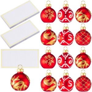 nitial 12 pcs christmas ornament place card holders with 18 pcs name cards glass red ball ornament table number holders table sign card holder for xmas party wedding anniversary birthday, 1.57 inch