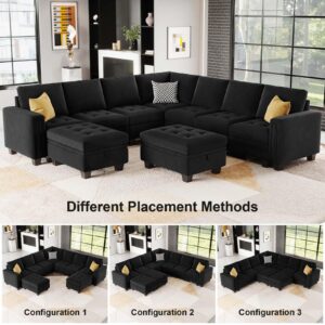 Belffin Oversized Velvet Modular 8-Seat Sectional Sofa Set with Storage Ottoman U Shaped Couch Set Modular Sectional Convertible Sofa Couch with Reversible Chaise Corner Sofa Couch Set Black