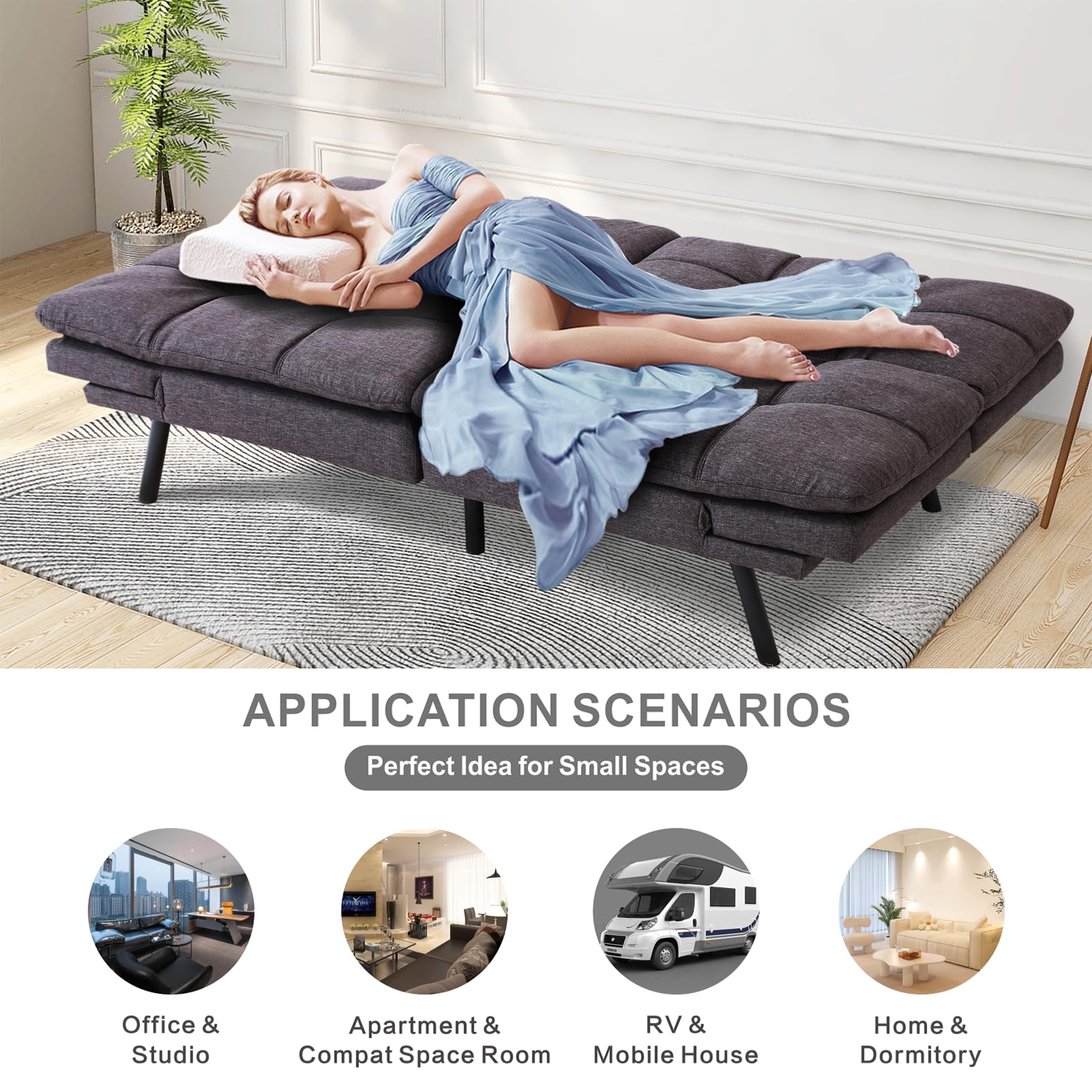 MUUEGM Futon Sofa Bed,Memory Foam Convertible Sleeper Sofa Couch,Modern Futon Couch Daybed Love Seat for Living Room Small Space Apartment Office,Adjustable Armrest Backrest,Linen Fabric,Grey