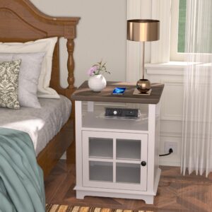 FAGAGA End Table with Charging Station, Side Table with Storage, White Nightstand with Adjustable Shelf, Wireless Charging End Table for Living Room, Bedroom