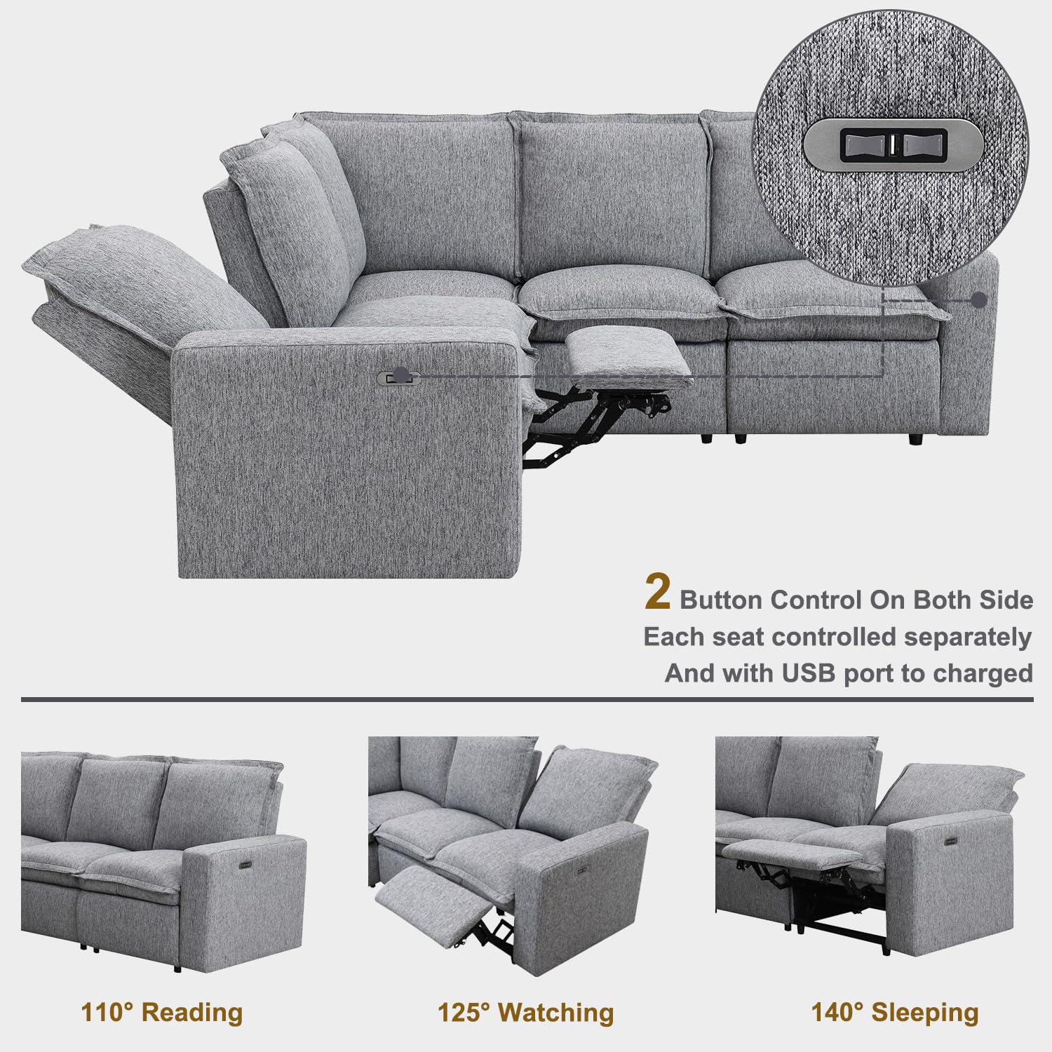 FREESNOOZE Power Reclining Sectional Sofa L-Shaped Recliner Corner Sofa, Home Theater Recliner Chair Couch with USB Port for Living Room/Bedroom Linen Fabric (Grey)