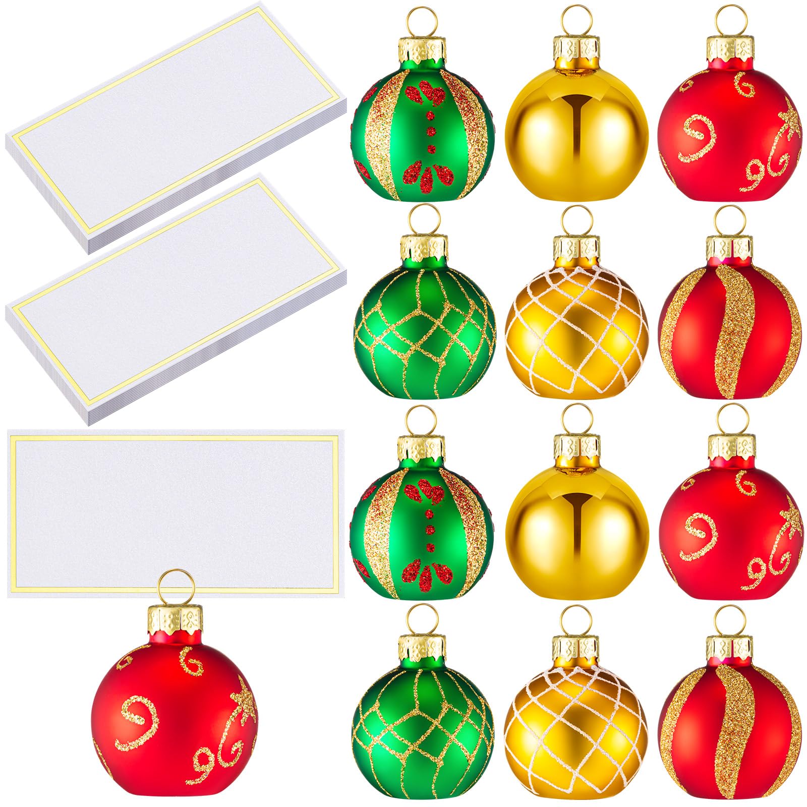 Nitial 12 Set Christmas Ornament Place Card Holders with Name Cards Glass Red Green Gold Table Number Holders Table Sign Card Holder for Christmas Party Wedding Anniversary Birthday, 1.57 Inch