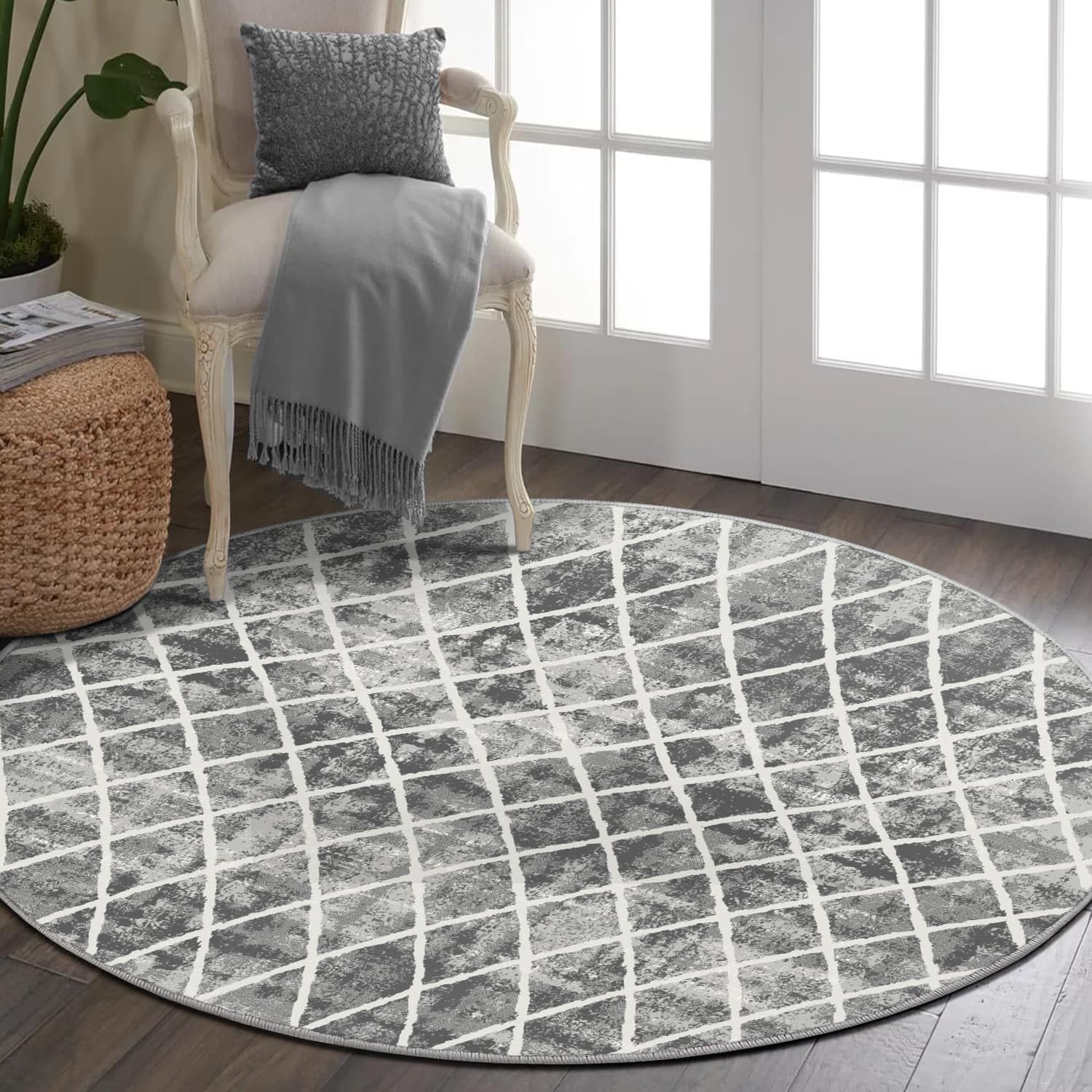 Trellis Washable Round Area Rug - Grey 4ft Round Rug Non-Slip Distressed Design Small Bedroom Circle Rug Non-Shedding Sofa Carpet for Bedroom Living Room Kitchen