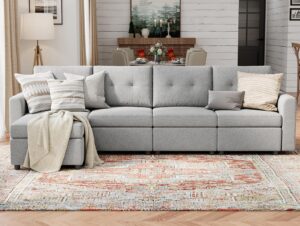 linsy home oversized modular sectional sofa, rubik iii 4 seat modular sofa with ottoman, l shaped corner couch with storage, all covers changeable washable, grey