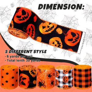 Whaline 5 Rolls Halloween Wired Ribbon Orange Black Pumpkin Face Spider Gift Wrapping Ribbon Dots Buffalo Plaid Decorative Ribbon for Crafts Bow Wreath Gift Wrapping Halloween Party Decor, 30 Yards