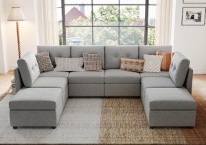 linsy home oversized modular sectional sofa, rubik iii 6 seats with 2 ottomans convertible u shaped sectional sleeper sofa with storage, all covers changeable washable, grey