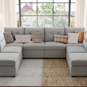 LINSY HOME Oversized Modular Sectional Sofa, Rubik III 6 Seats with 2 Ottomans Convertible U Shaped Sectional Sleeper Sofa with Storage, All Covers Changeable Washable, Grey