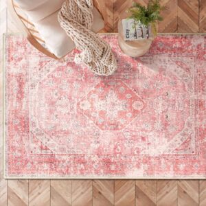 MUJOO Pink Rugs for Bedroom Girls 3'x5' Rug Boho Area Rug for Living Room Small Washable Rug Cute Rugs Non Slip Throw Carpet for Bedside Dorm Shower Room Soft Light Pink Floral Home Decor