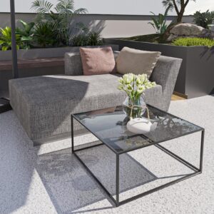 Glass Coffee Tables for Living Room Square Modern Center Table for Small Space,Tempered Glass-top with Sturdy Metal Frame Sofa Side End Table, Easy Assembly,26.4 x 26.4 x 15.7 Inches, Gray Black