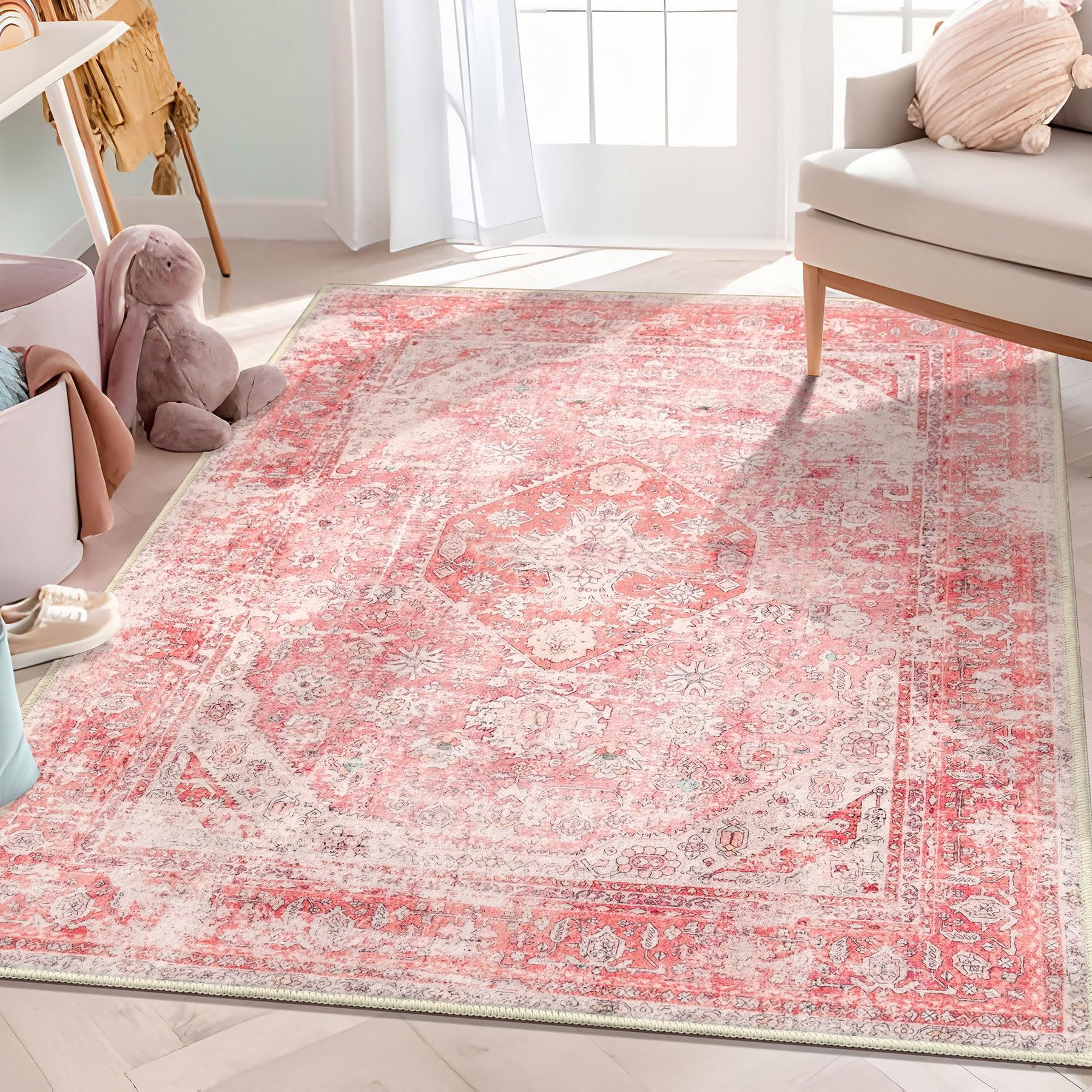 MUJOO Pink Rugs for Bedroom Girls 3'x5' Rug Boho Area Rug for Living Room Small Washable Rug Cute Rugs Non Slip Throw Carpet for Bedside Dorm Shower Room Soft Light Pink Floral Home Decor