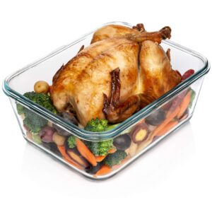 3300 ml/ 112 oz large glass food container with locking lid. ideal for storing food, vegetables or fruits. baking casserole, lasagna, baking or roasting chicken and lot of other tasty food. bpa free