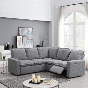 freesnooze power reclining sectional sofa l-shaped recliner corner sofa, home theater recliner chair couch with usb port for living room/bedroom linen fabric (grey)