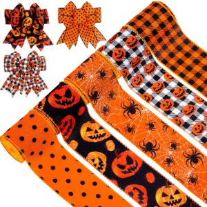 whaline 5 rolls halloween wired ribbon orange black pumpkin face spider gift wrapping ribbon dots buffalo plaid decorative ribbon for crafts bow wreath gift wrapping halloween party decor, 30 yards