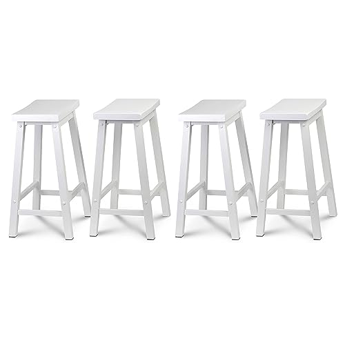 PJ Wood Classic Saddle-Seat 24" Tall Kitchen Counter Stools for Homes, Dining Spaces, and Bars w/Backless Seats, 4 Square Legs, White (4 Pack)