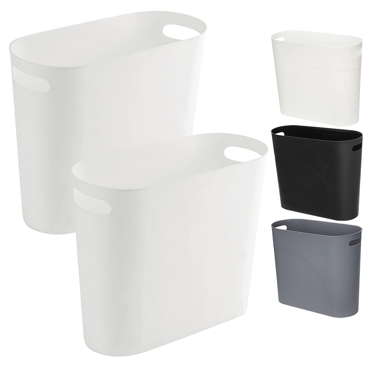 LOSYHU 2 Pack Small Narrow Trash Can with Handles 3.2 Gallon/12 L White Slim Waste Basket Office Narrow Garbage Bin Slim Garbage Container Bin Fits Bathroom, Under Desk, Home