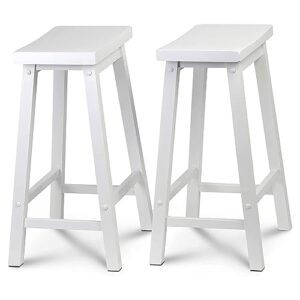 PJ Wood Classic Saddle-Seat 24" Tall Kitchen Counter Stools for Homes, Dining Spaces, and Bars w/Backless Seats, 4 Square Legs, White (4 Pack)