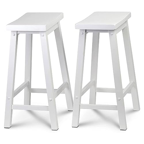 PJ Wood Classic Saddle-Seat 24" Tall Kitchen Counter Stools for Homes, Dining Spaces, and Bars w/Backless Seats, 4 Square Legs, White (4 Pack)