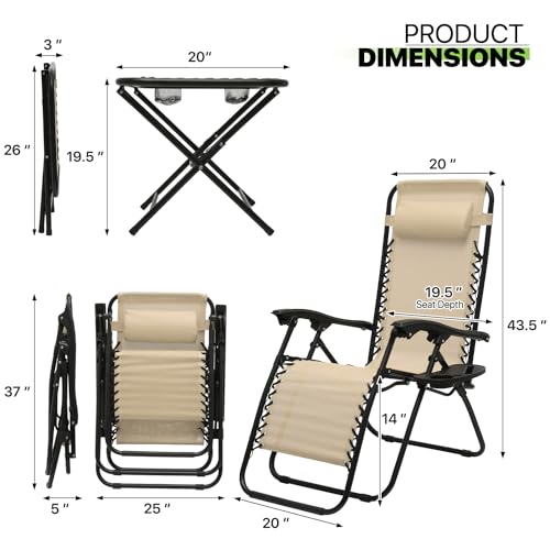 Magshion Zero Gravity Chairs Set of 2 with Side Table Adjustable Folding Outdoor Lounge Recliner for Patio Garden Beach Camping, Beige