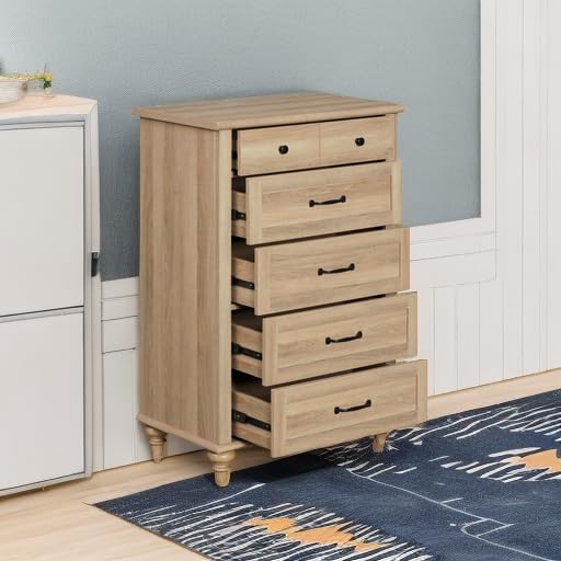 WAMPAT Small Dresser for Bedroom with 5 Drawers & Solid Wood Legs, Mid Century Modern Chest of Drawers Vertical Dresser Storage Organizer, Farmhouse Dresser for Kids Bedroom, Oak