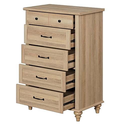 WAMPAT Oak Dresser for Bedroom with 5 Drawers, Tall Kids Dressers with Wide Chest of Drawers, Mid Century Modern Wooden Closet Storage Organizer, Small Dressers for Nursery, Living Room, Hallway