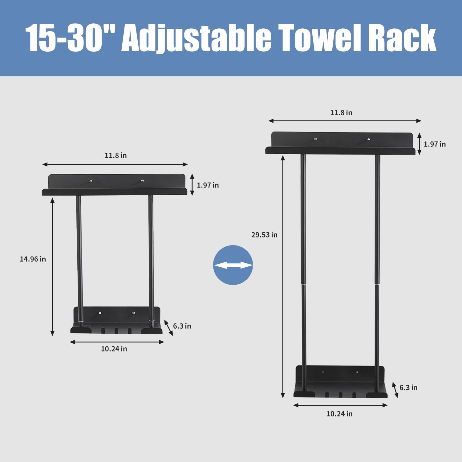 LIHOBI Towel Racks for Bathroom Wall Mounted, 15-30'' Adjustable Towel Holder with Shelf, 3 Hooks, and for Rolled Towels, Towel Storage for Bathroom Organizer, Black