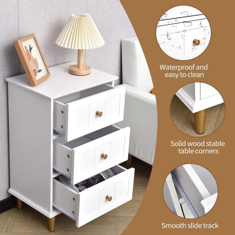 Ceredeme Nightstand with 3 Drawers Set of 2, Wooden Side Table Bedroom Storage Cabinet, Simple and Exquisite Furniture in Small Space (2, White)