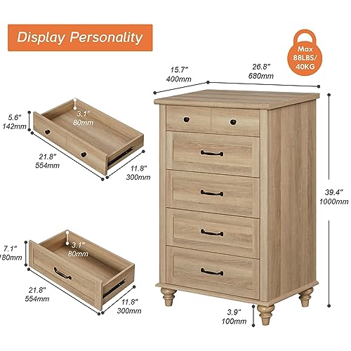 WAMPAT Oak Dresser for Bedroom with 5 Drawers, Tall Kids Dressers with Wide Chest of Drawers, Mid Century Modern Wooden Closet Storage Organizer, Small Dressers for Nursery, Living Room, Hallway