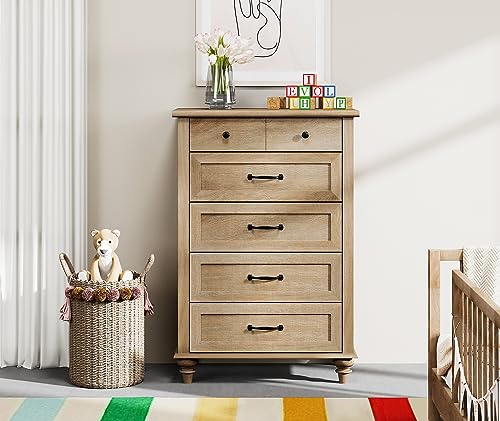 WAMPAT Oak Dresser for Bedroom with 5 Drawers, Tall Kids Dressers with Wide Chest of Drawers, Mid Century Modern Wooden Closet Storage Organizer, Small Dressers for Nursery, Living Room, Hallway