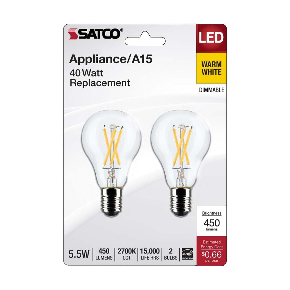 Satco S21872 5.5 Watt A15 LED Bulb, Clear, Intermediate Base, 2700K, 450 Lumens, 2-Pack