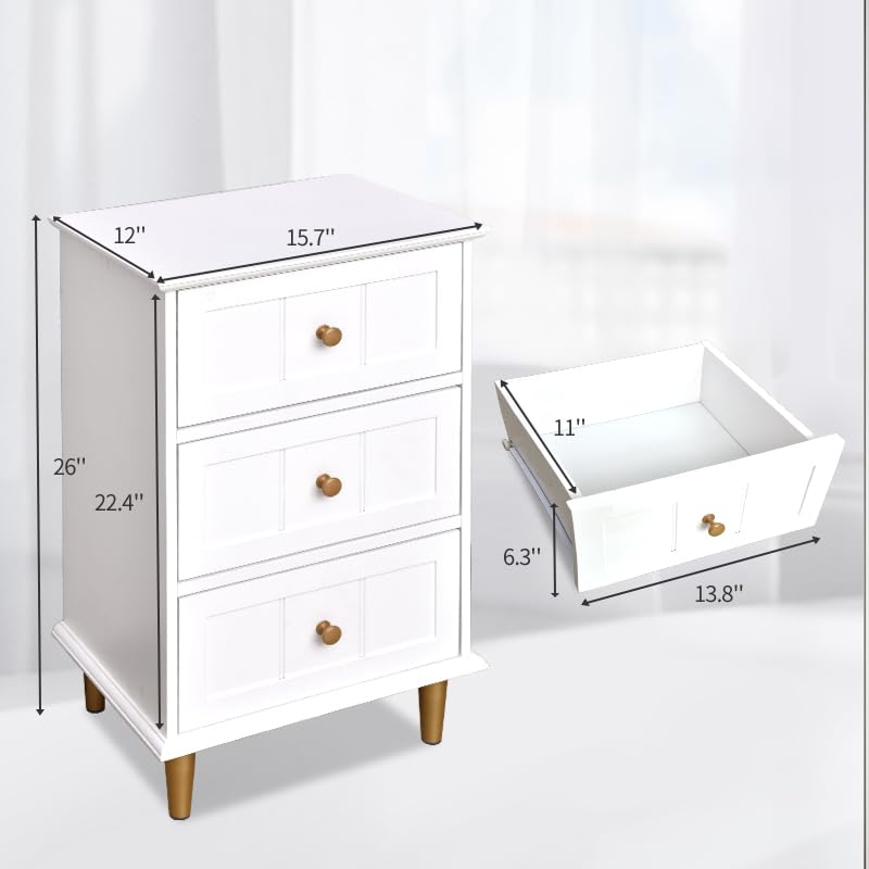 Ceredeme Nightstand with 3 Drawers Set of 2, Wooden Side Table Bedroom Storage Cabinet, Simple and Exquisite Furniture in Small Space (2, White)