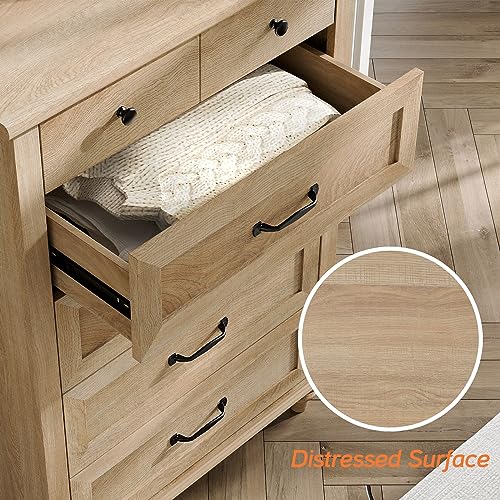 WAMPAT Oak Dresser for Bedroom with 5 Drawers, Tall Kids Dressers with Wide Chest of Drawers, Mid Century Modern Wooden Closet Storage Organizer, Small Dressers for Nursery, Living Room, Hallway