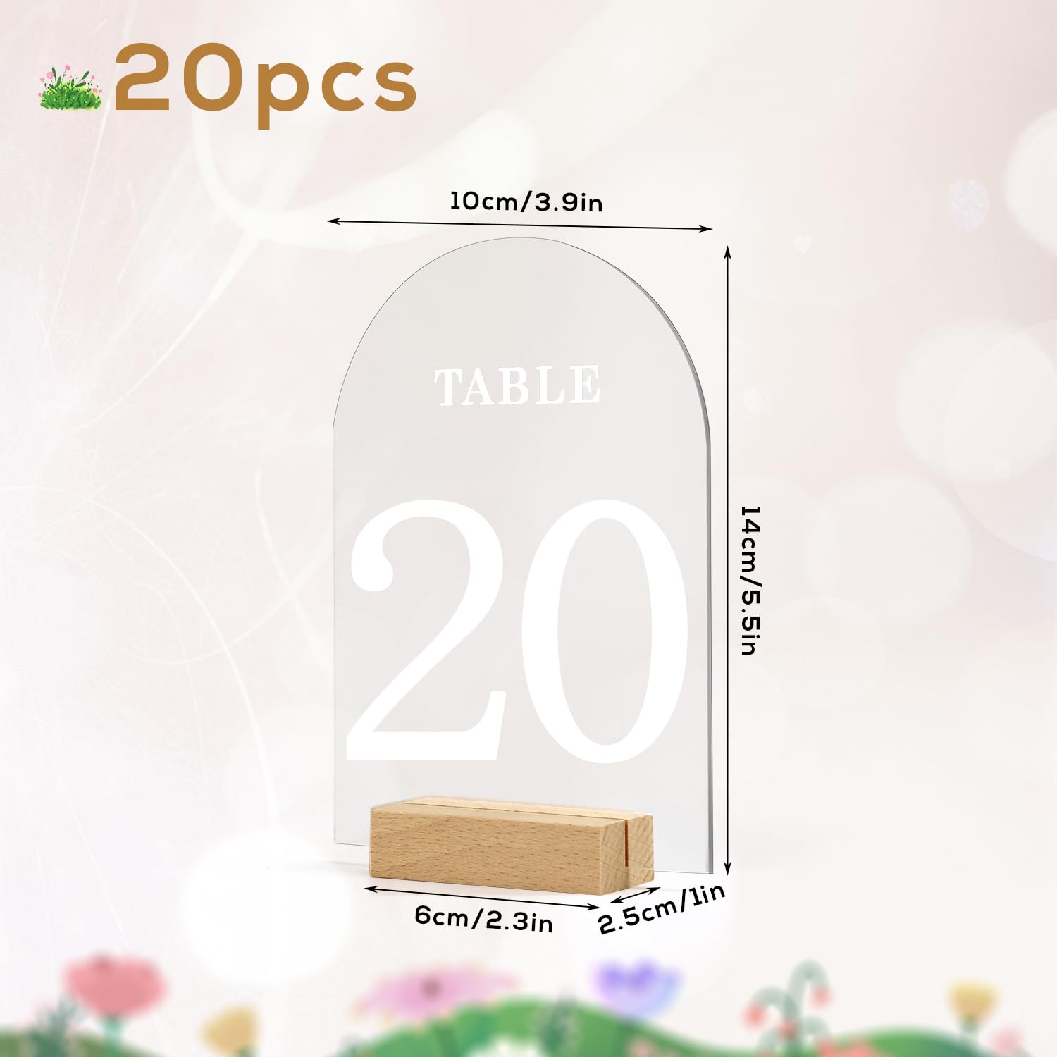 20pcs Acrylic Wedding Table Numbers with Stands, Acrylic Arch Table Numbers 1-20 White Printed Clear Table Numbers with Wood Bases for Wedding Reception Event Party Birthday Decoration