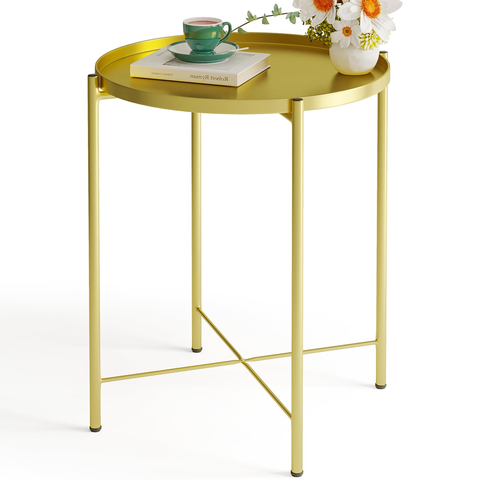 Fixwal Metal Side Table, Gold End Table for Small Spaces, Round Accent Side Table with Removable Tray for Living Room, Coffee Table for Bedroom Balcony and Office